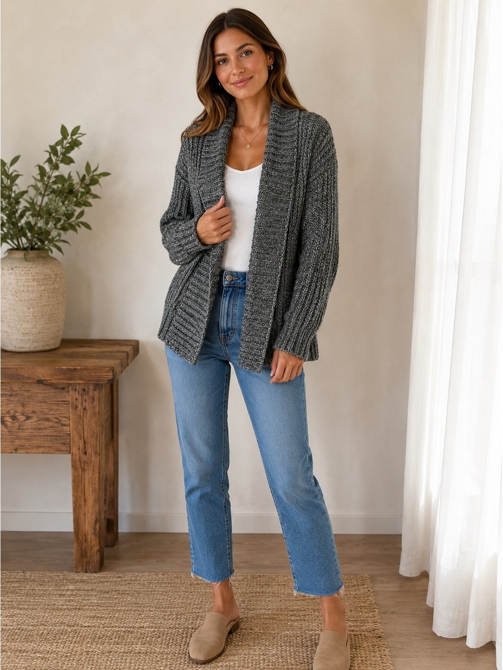 525 America Women’s XS Gray Marled Chunky Knit Open Front Cardigan Sweater